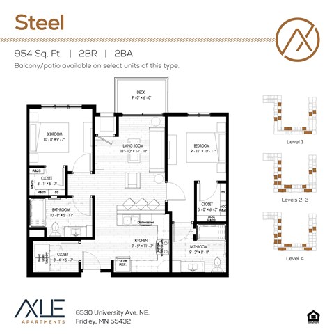 Floor plan for 2 beds, 2 baths, 954 sqft